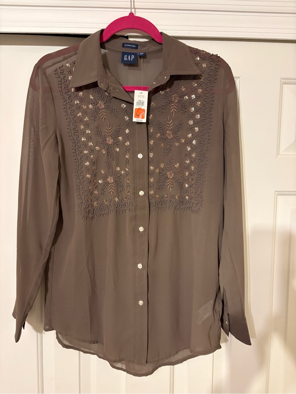 NWT GAP Taupe Embroidered Sheer Button-Up Blouse